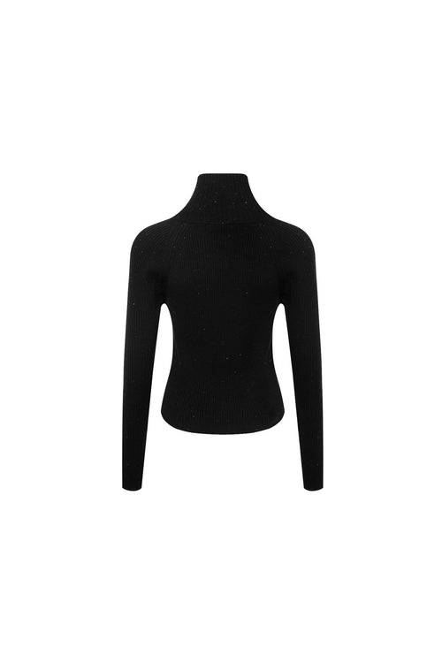 Black Skinny Ribbed Turtleneck Zip - Up Cardigan Sweater - ANN ANDELMAN
