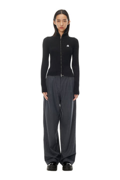 Black Skinny Ribbed Turtleneck Zip - Up Cardigan Sweater - ANN ANDELMAN