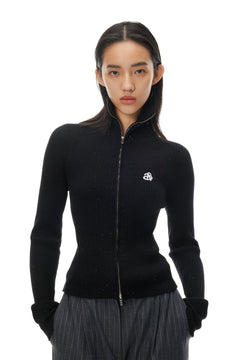 Black Skinny Ribbed Turtleneck Zip - Up Cardigan Sweater - ANN ANDELMAN