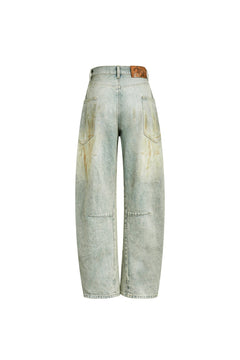 Blue Washed Distressed Curved Shape Jeans - ANN ANDELMAN