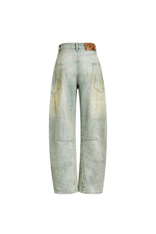 Blue Washed Distressed Curved Shape Jeans - ANN ANDELMAN