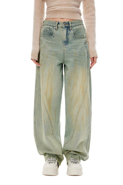 Blue Washed Distressed Curved Shape Jeans - ANN ANDELMAN