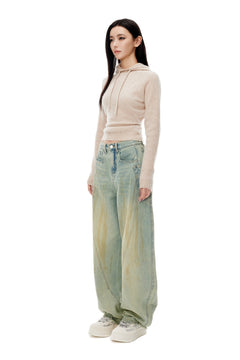 Blue Washed Distressed Curved Shape Jeans - ANN ANDELMAN