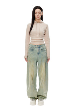 Blue Washed Distressed Curved Shape Jeans - ANN ANDELMAN