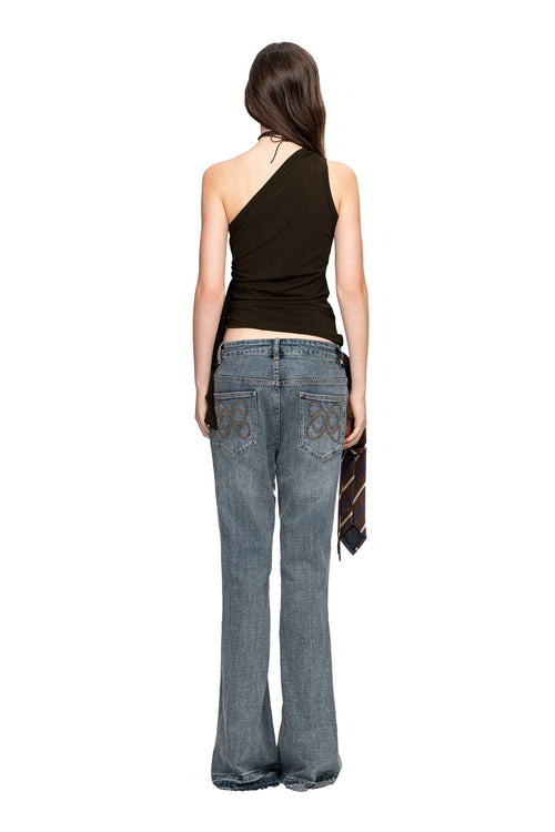 Brown One Shoulder Stretch Knit Ribbon Tops - ANN ANDELMAN