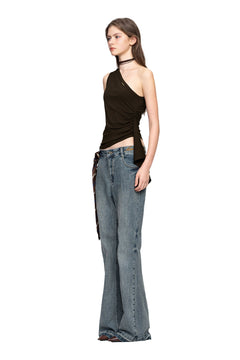 Brown One Shoulder Stretch Knit Ribbon Tops - ANN ANDELMAN