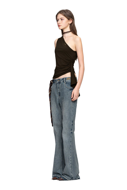 Brown One Shoulder Stretch Knit Ribbon Tops - ANN ANDELMAN