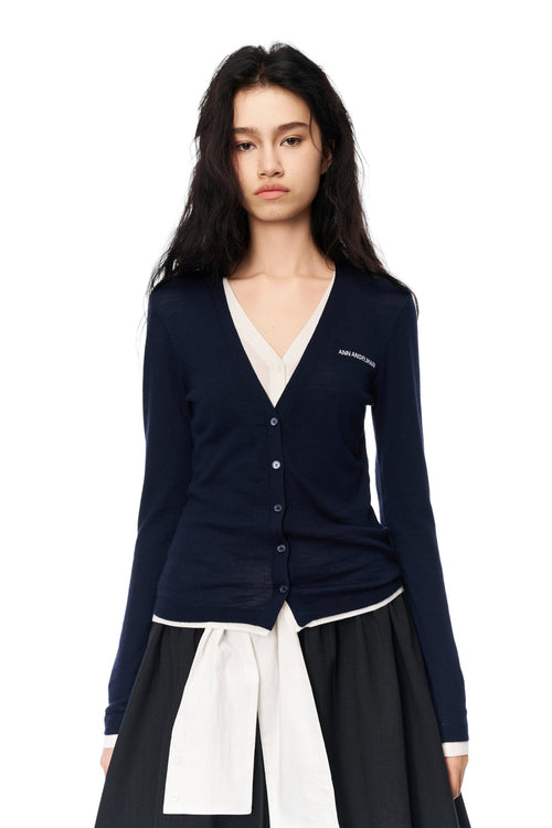 Dark Royal Blue Fake Two - piece Wool Long - sleeved Cardigan - ANN ANDELMAN