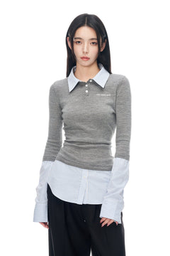 Gray Patchwork Shirt Fake Two - piece Knitted Long Sleeves - ANN ANDELMAN