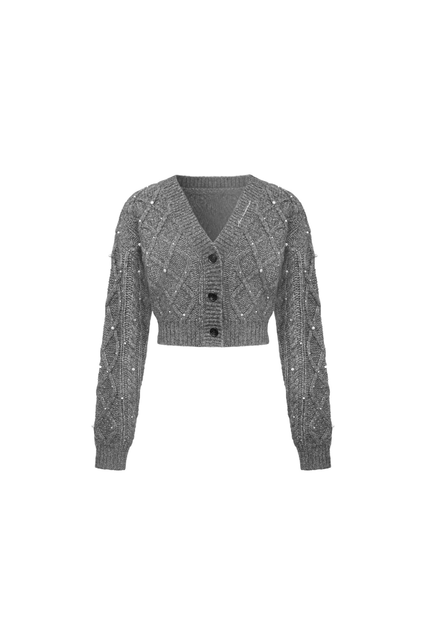 Grey Pearl Rhinestone Knitted Cropped Cardigan | Ann Andelman Official