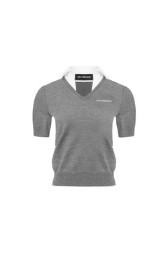 Grey Shirt Collar V - neck Woolen Pullover - ANN ANDELMAN