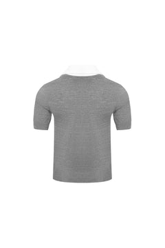 Grey Shirt Collar V - neck Woolen Pullover - ANN ANDELMAN