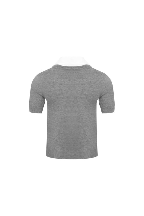 Grey Shirt Collar V - neck Woolen Pullover - ANN ANDELMAN