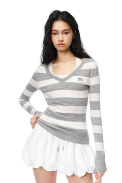 Off - white V - neck Wool Striped Fake Two - piece - ANN ANDELMAN