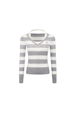 Off - white V - neck Wool Striped Fake Two - piece - ANN ANDELMAN