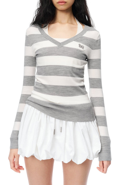 Off - white V - neck Wool Striped Fake Two - piece - ANN ANDELMAN