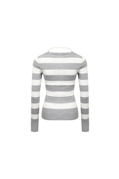 Off - white V - neck Wool Striped Fake Two - piece - ANN ANDELMAN