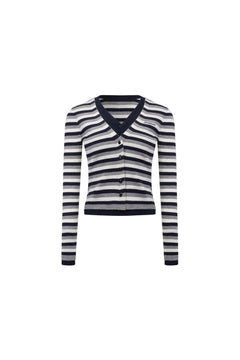 Royal Blue Striped Fake Two - Piece Wool Long Sleeve Cardigan - ANN ANDELMAN