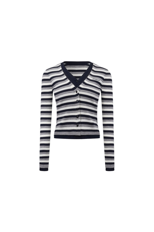 Royal Blue Striped Fake Two - Piece Wool Long Sleeve Cardigan - ANN ANDELMAN