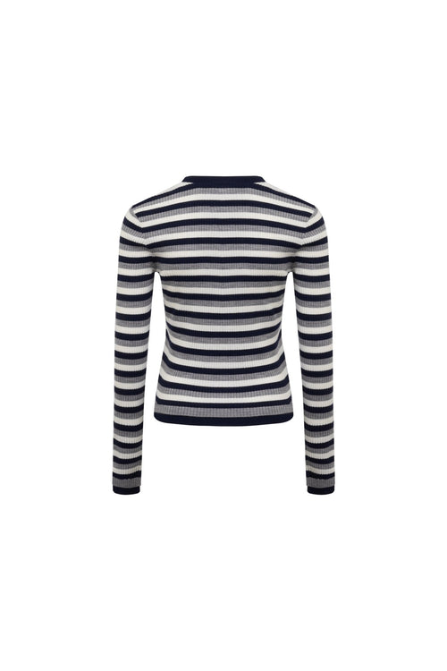 Royal Blue Striped Fake Two - Piece Wool Long Sleeve Cardigan - ANN ANDELMAN