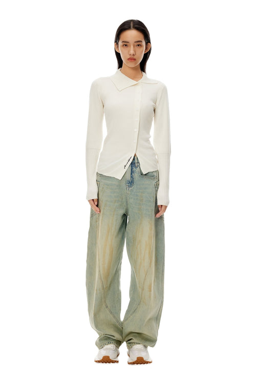 White Asymmetric Knit Long Sleeve Top - ANN ANDELMAN