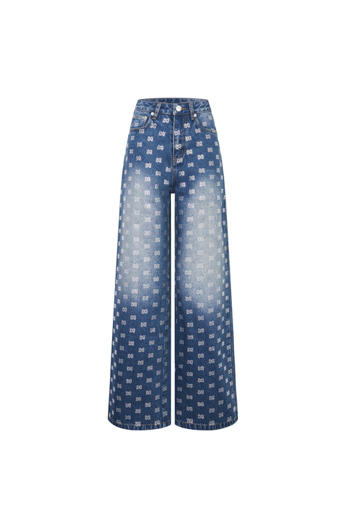 Blue Loose Straight-leg Full Rhinestone Logo Jeans