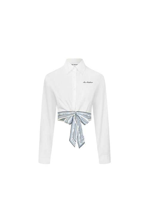 White Silk Scarf-trimmed Tie-up Shirt