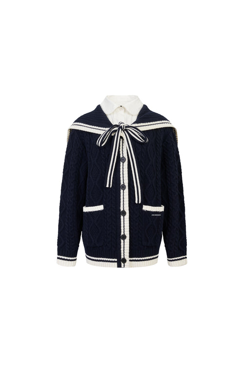 Navy Blue Faux Two-piece Sailor Collar Cable Knit Sweater
