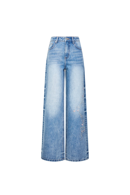 Blue Musical Note Beaded Embroidered Jeans