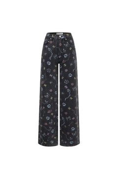 Black Graphic Printed Washed Distressed Jeans