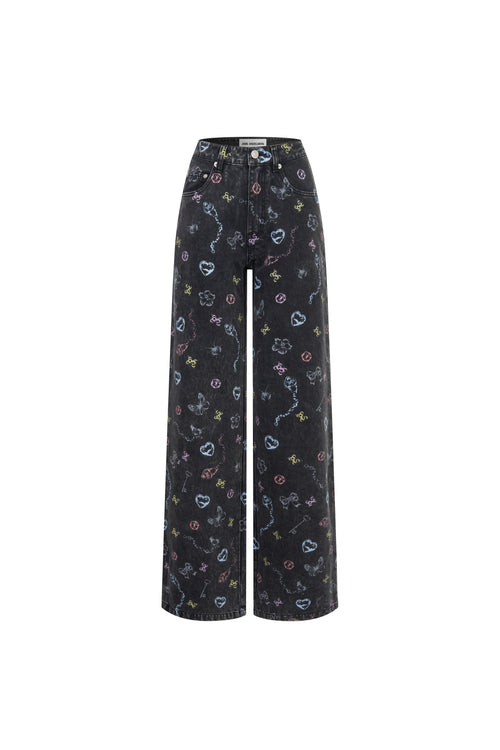 Black Graphic Printed Washed Distressed Jeans