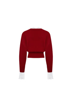 Red V-neck Lace Patchwork Waist Knitted Cardigan