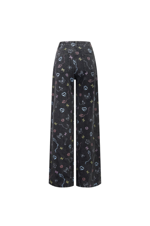 Black Graphic Printed Washed Distressed Jeans