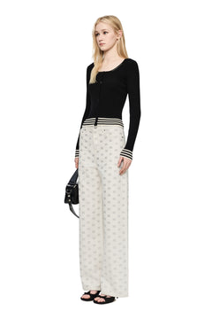 White Loose Straight-leg Full Rhinestone Logo Jeans