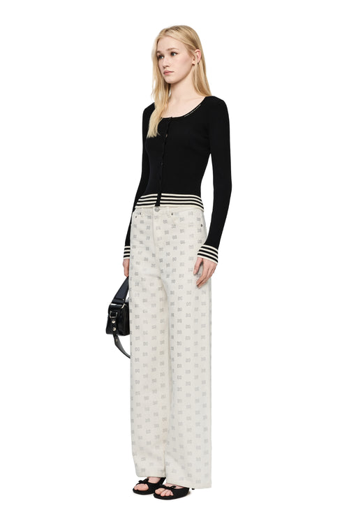 White Loose Straight-leg Full Rhinestone Logo Jeans