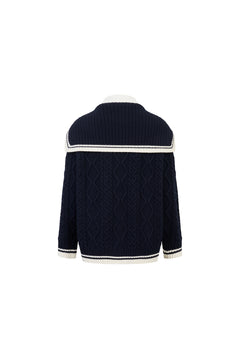 Navy Blue Faux Two-piece Sailor Collar Cable Knit Sweater