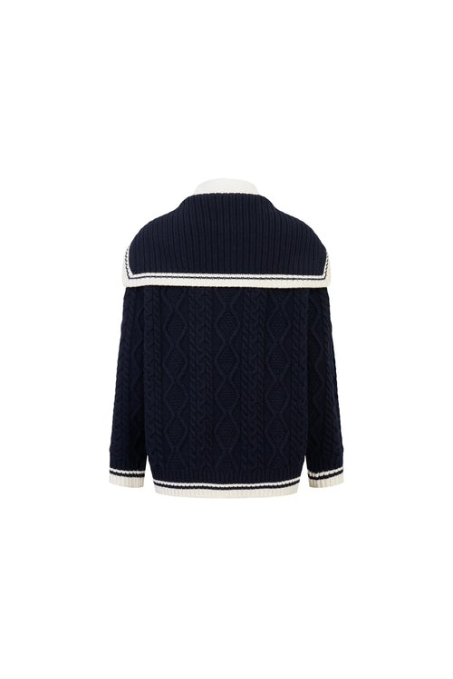 Navy Blue Faux Two-piece Sailor Collar Cable Knit Sweater