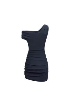 Navy Blue One-shoulder Ribbed Dress