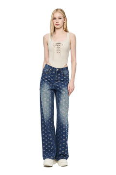 Blue Loose Straight-leg Full Rhinestone Logo Jeans