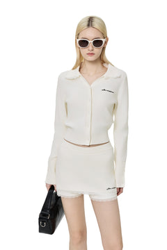 Apricot Lace-trimmed Knitted Cardigan