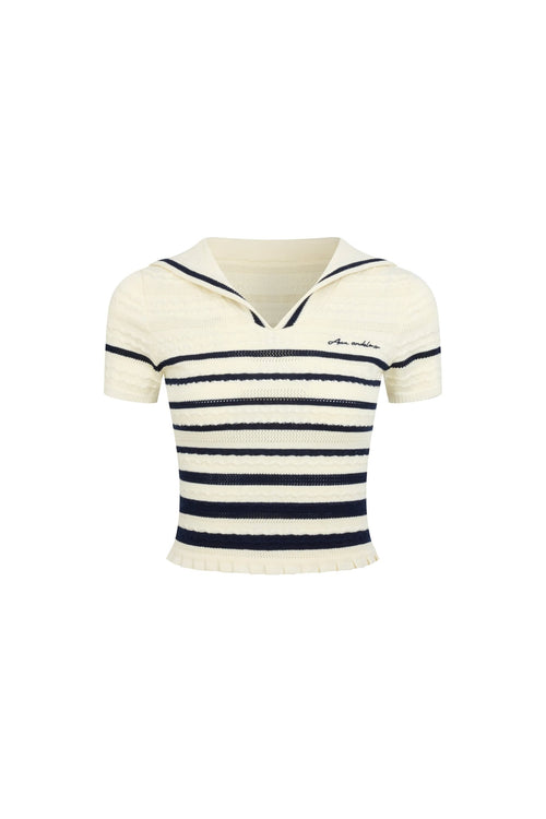 Apricot Knit Striped Short - sleeved Tops - ANN ANDELMAN
