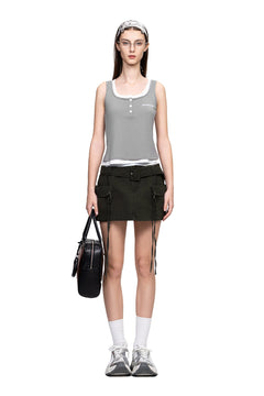 Army Green Patchwork Waistband Washed Skirt - ANN ANDELMAN