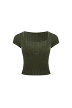 Army Green Square Neck Knit Short - sleeved Shirt - ANN ANDELMAN