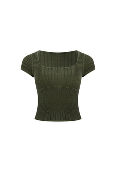 Army Green Square Neck Knit Short - sleeved Shirt - ANN ANDELMAN