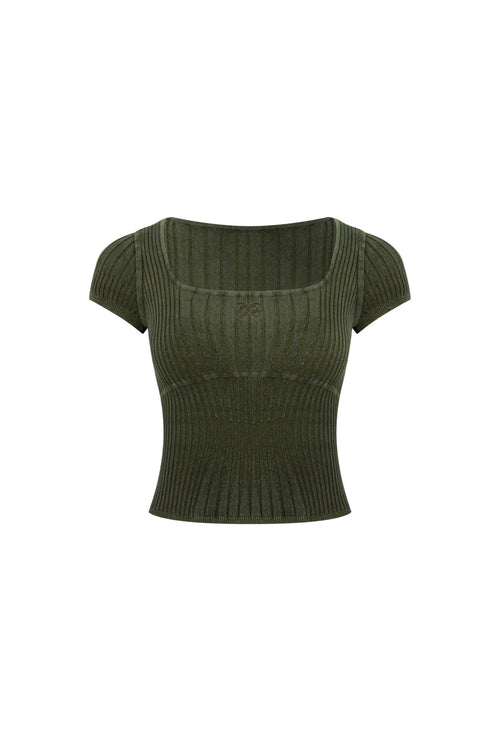 Army Green Square Neck Knit Short - sleeved Shirt - ANN ANDELMAN