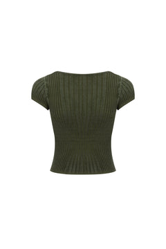 Army Green Square Neck Knit Short - sleeved Shirt - ANN ANDELMAN