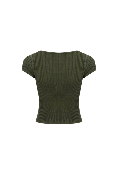Army Green Square Neck Knit Short - sleeved Shirt - ANN ANDELMAN