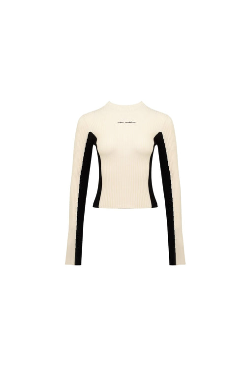 Beige Two - tone High - neck Slim Top - ANN ANDELMAN