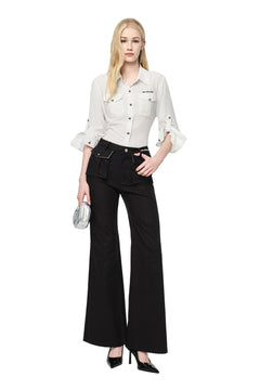 Black 3D Hollow - pocket Cargo Flared Pants - ANN ANDELMAN