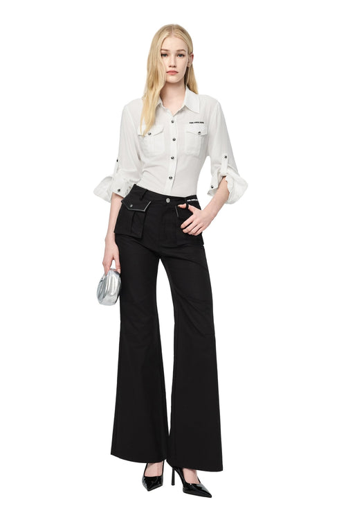 Black 3D Hollow - pocket Cargo Flared Pants - ANN ANDELMAN